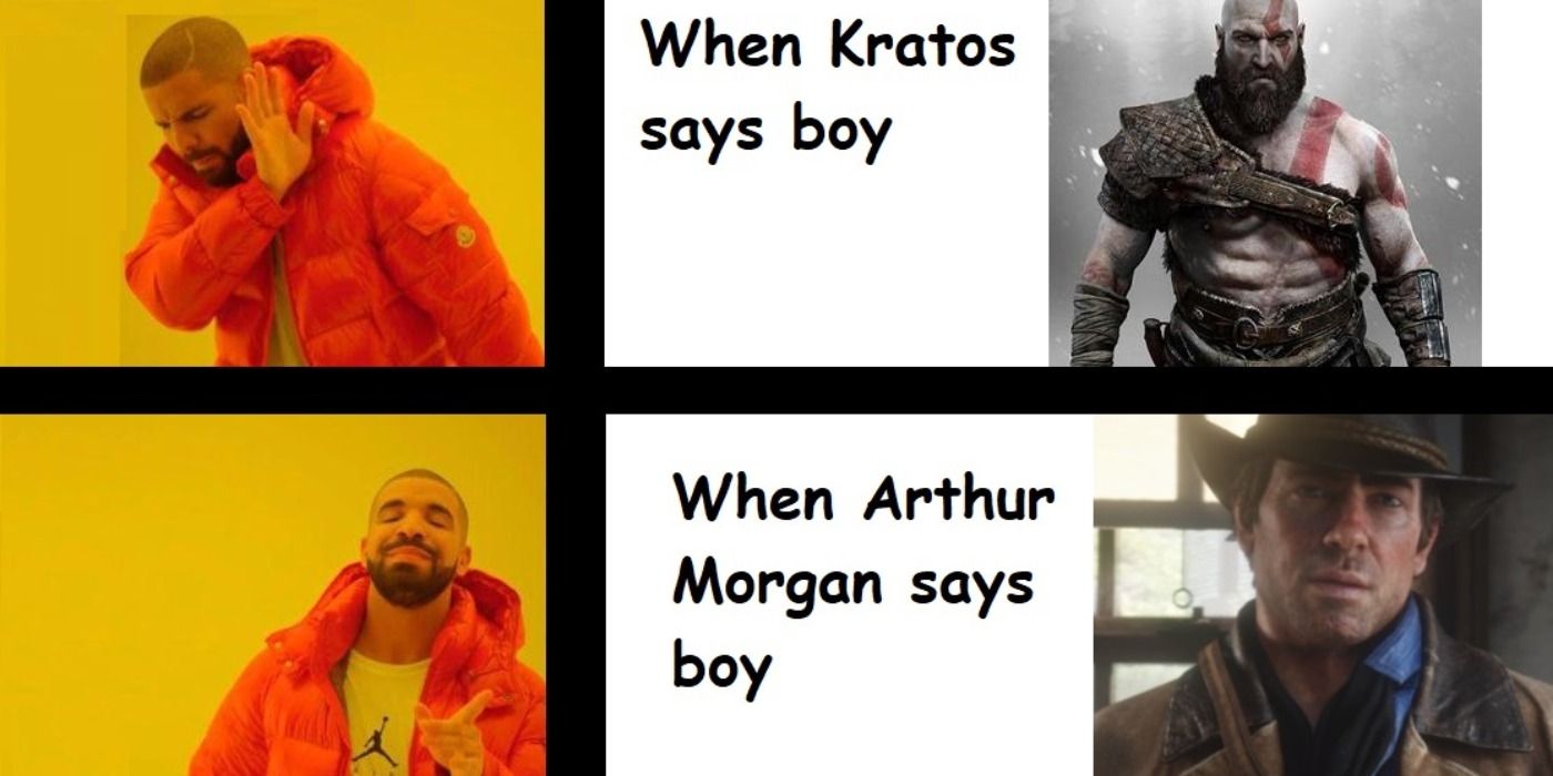 Drake meme with Kratos on top and Arthur on the bottom with text &quot;When Kratos says boy&quot; vs. &quot;When Arthur Morgan says boy&quot;