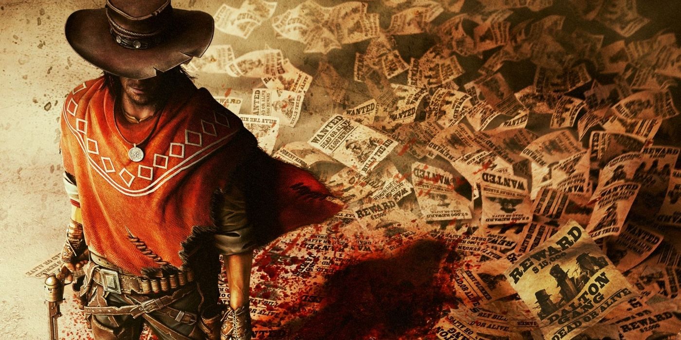 Cover art for Call of Jaurez: Gunslinger with the main character and a large pile of wanted posters, some covered by a shadow of blood.