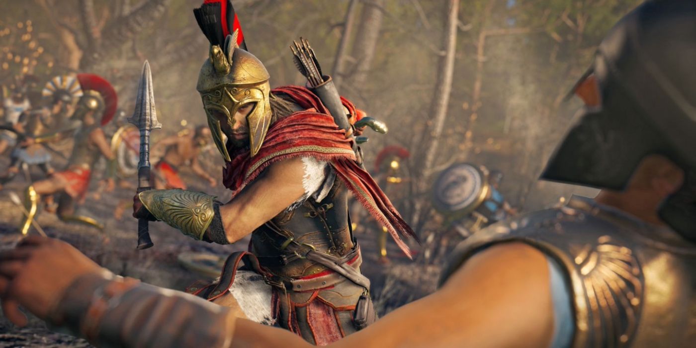 Alexios knocking over an enemy in a battlefield while wielding the spear of Leonidas in Assassin's Creed Odyssey