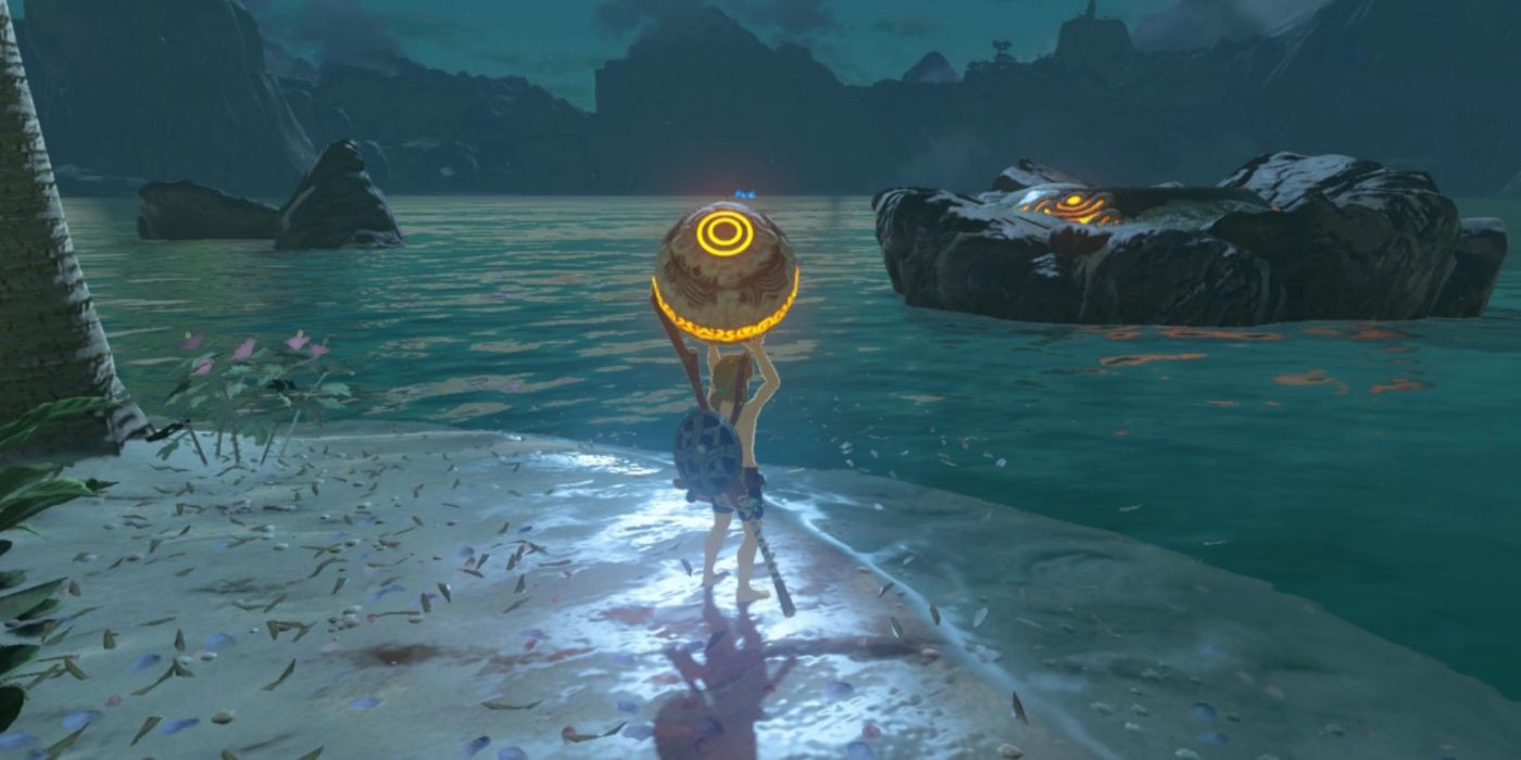 Link carrying a Shrine ball on the beach at Eventide Island.