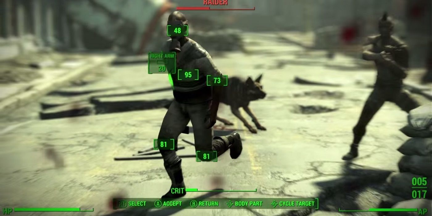 A Raider runs as the Sole Survivor takes aim using V.A.T.S in Fallout 4.