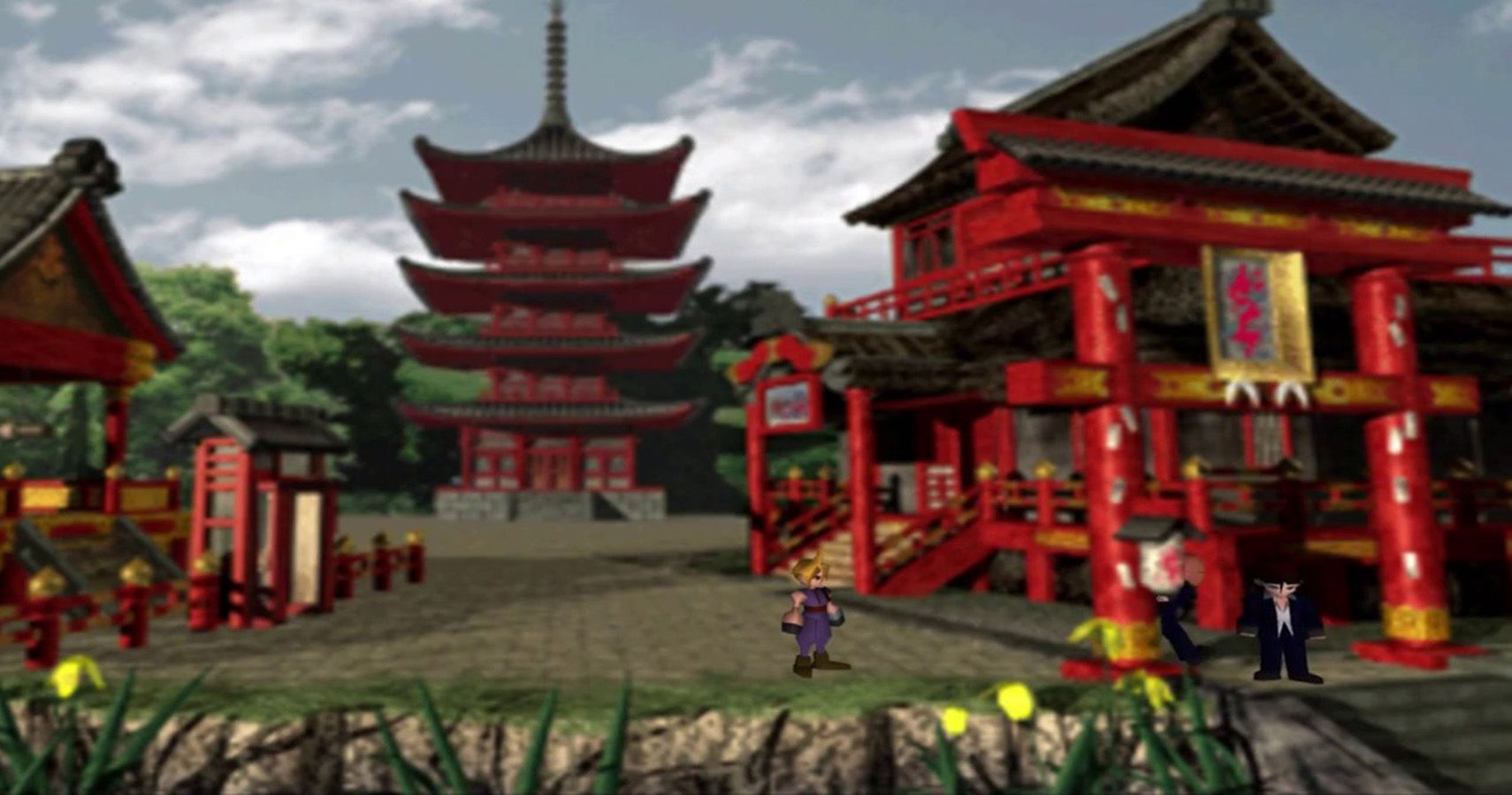 Cloud standing outside a pagoda in Final Fantasy 7