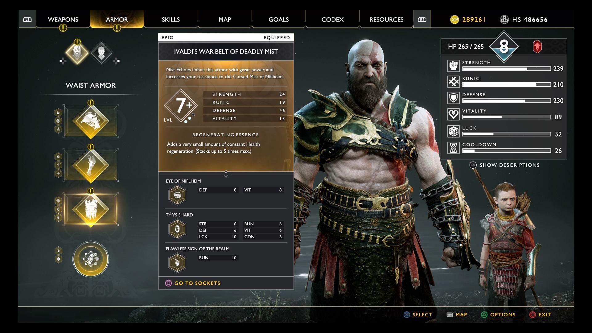 A screenshot showing Kratos' armor and the different relics he has equipped.