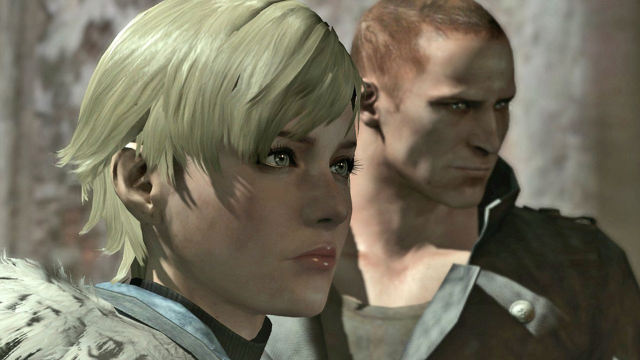 Jake and Sherry staring off camera in Resident Evil 6.