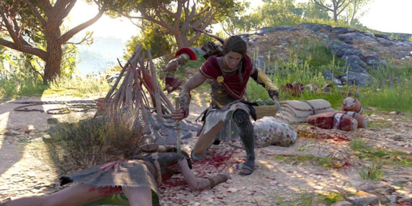 Kassandra using the Hero Strike ability at a camp in Assassin's Creed Odyssey