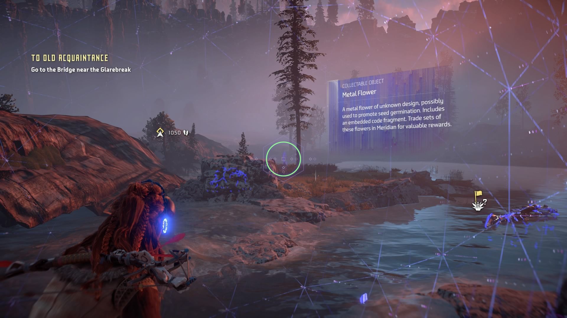 Aloy examining metal flower in Horizon Zero Dawn