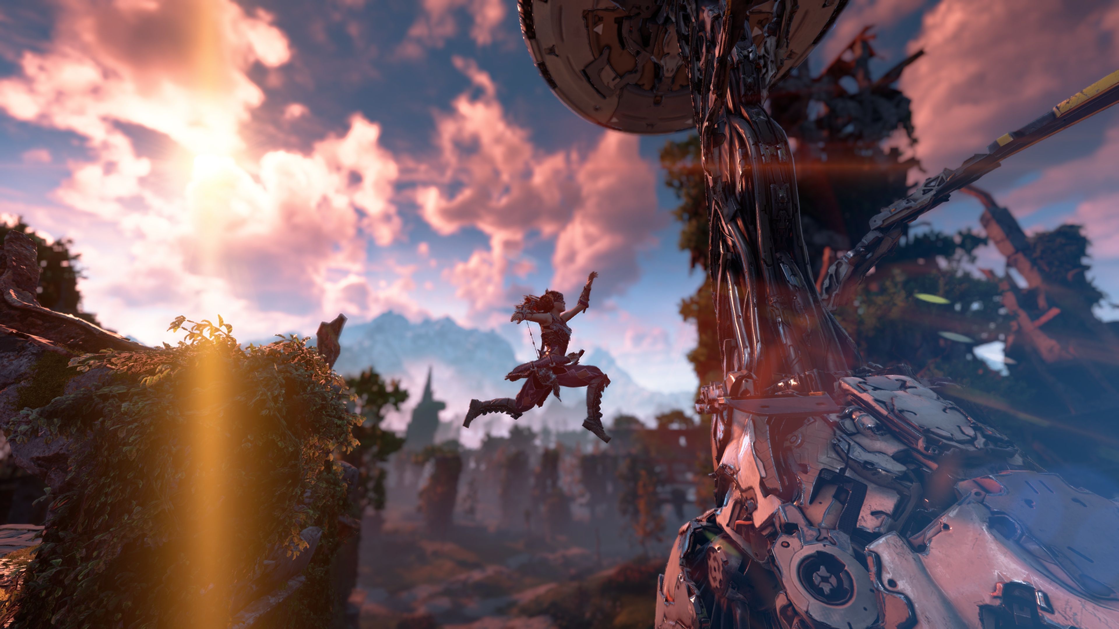 Aloy leaping onto mechanical dinosaur in Horizon Zero Dawn