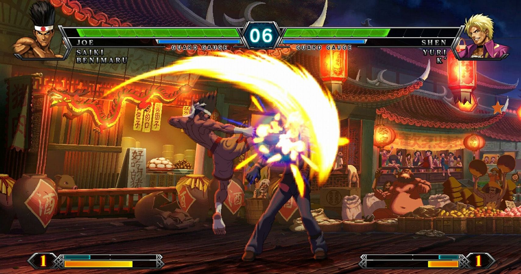 Joe kicks Shen at a festival in The King Of Fighters 13.