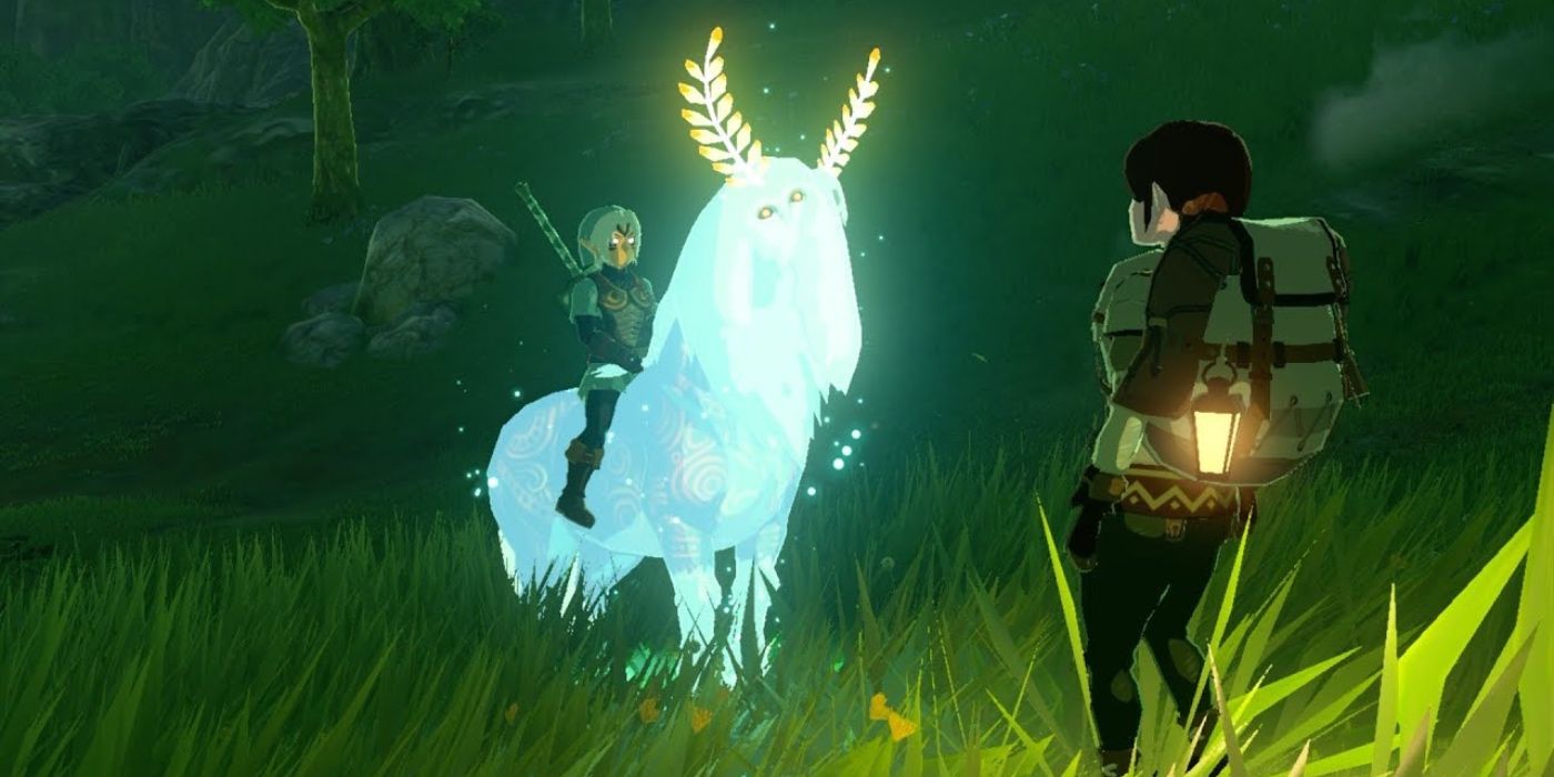 A screenshot of Link wearing the Fierce Deity outfit and riding the Lord of the Mountain, in front of an NPC.