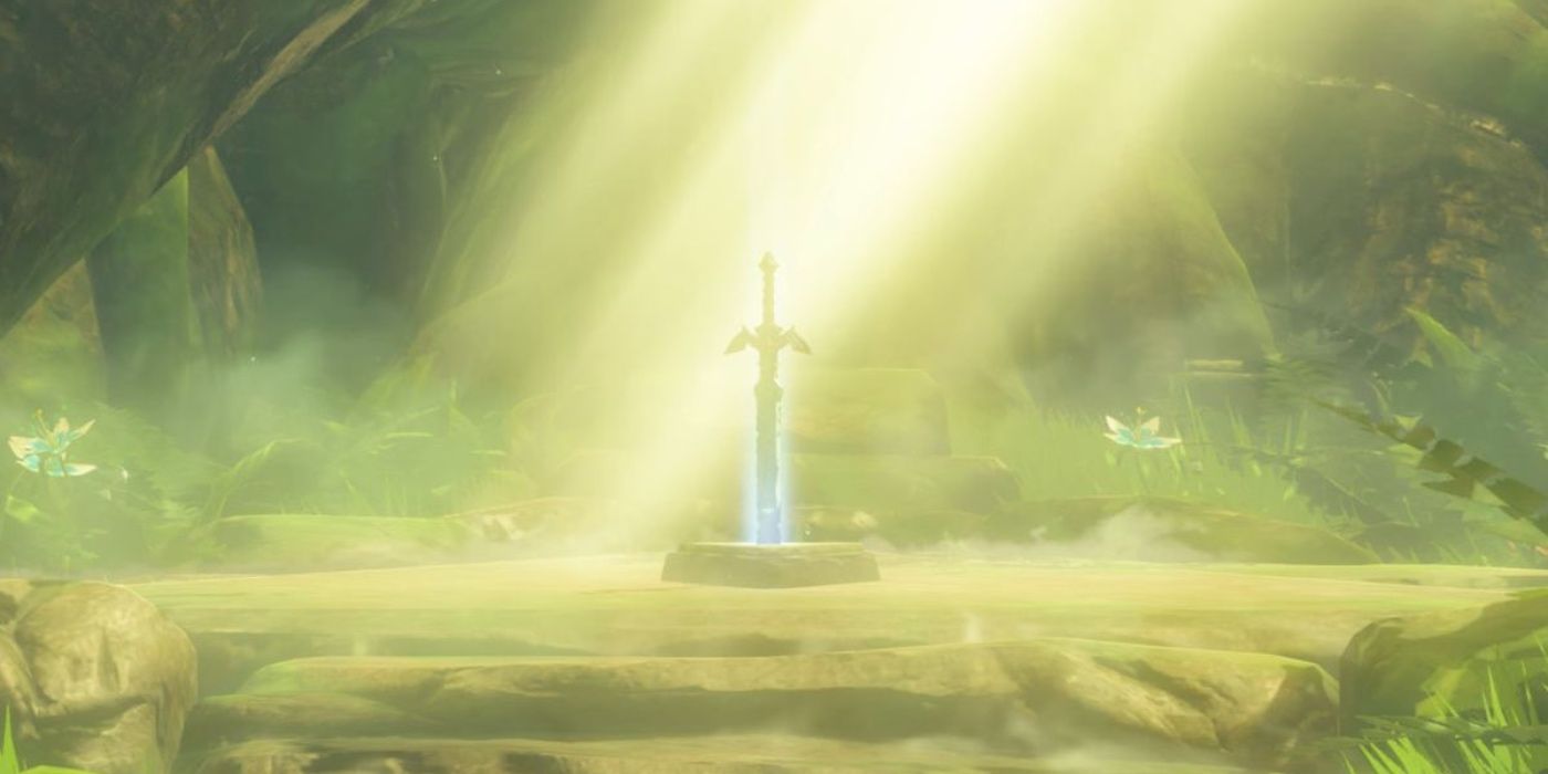 The Master Sword glows in the ground in the Lost Woods.