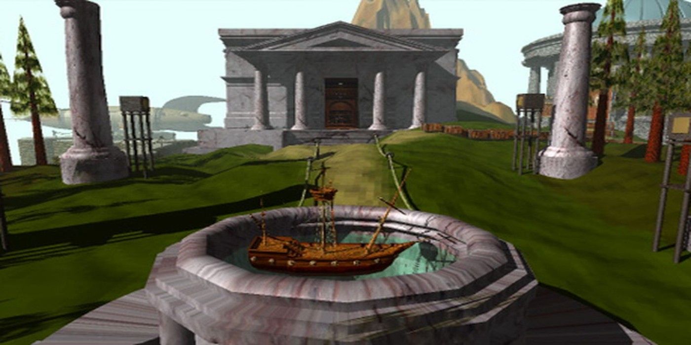 A screenshot of Myst showing a small ship in a well in the middle of a grassy area with a museum, airship and volcano up ahead.