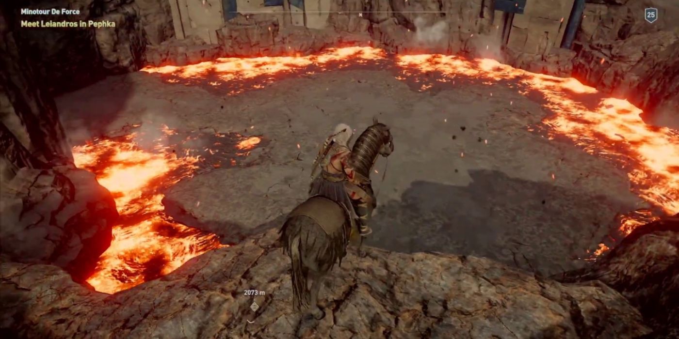 The player riding a horse and looking at lava on Nisyros Island in Assassin's Creed Odyssey