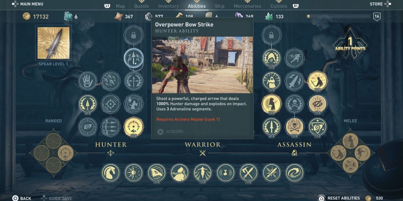 The Overpower Bow Strike Ability selected on the Ability menu of Assassin's Creed Odyssey