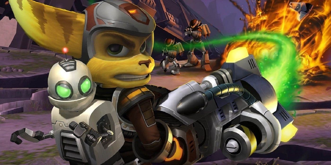 Ratchet and Clank aggressively attack an enemy