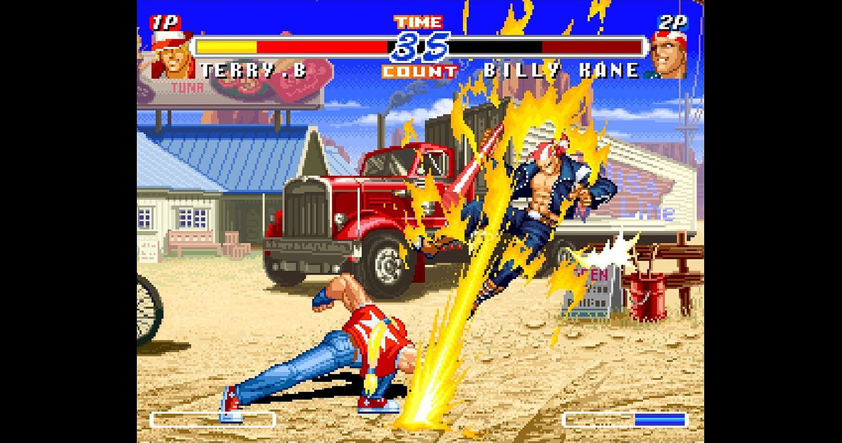 Terry Bogard strikes Billy Kane in a battle at a ranch in Real Bout: Fatal Fury 2.