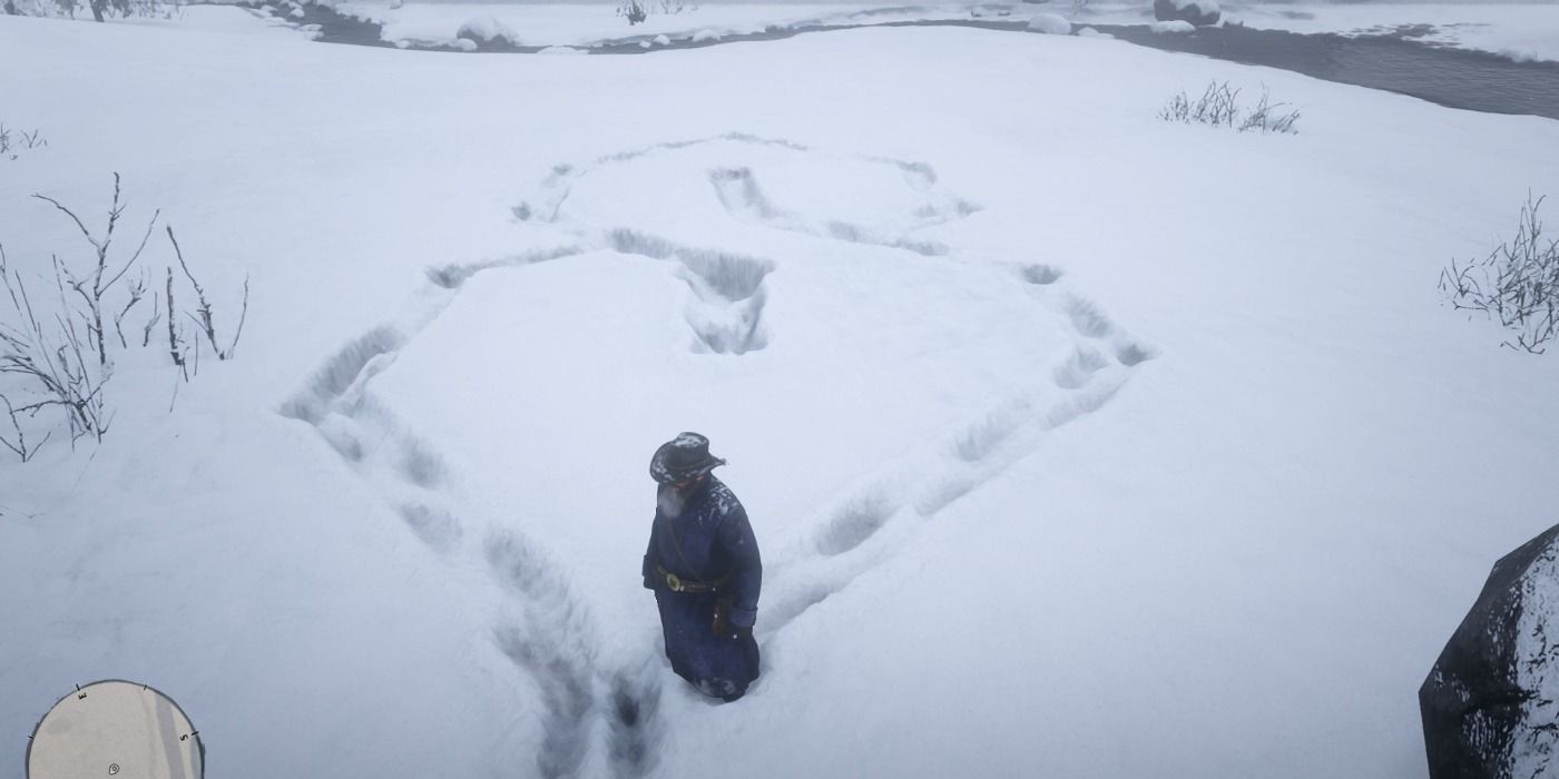 image of Arthur Morgan standing in snow next to school &quot;S&quot; symbol