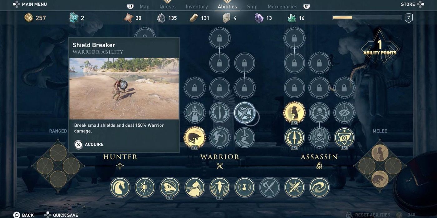 The Shield Breaker ability selected on the Ability menu of Assassin's Creed Odyssey