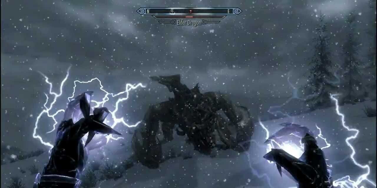 Switch Motion Games - Skyrim - Dragonborn Casting A Lightning Spell On An Elder Dragon In A Snow-Covered Region