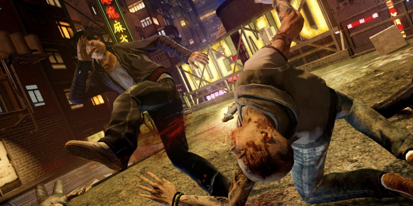 Wei Shen drop kicking an enemy in combat as a finisher, blood splattering from the character's face.