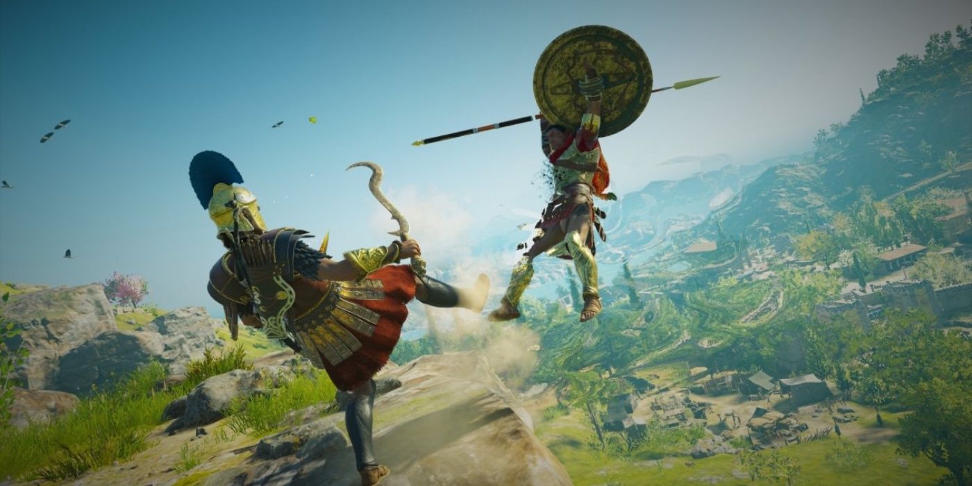 The player spartan kicking an enemy off a cliff in Assassin's Creed Odyssey