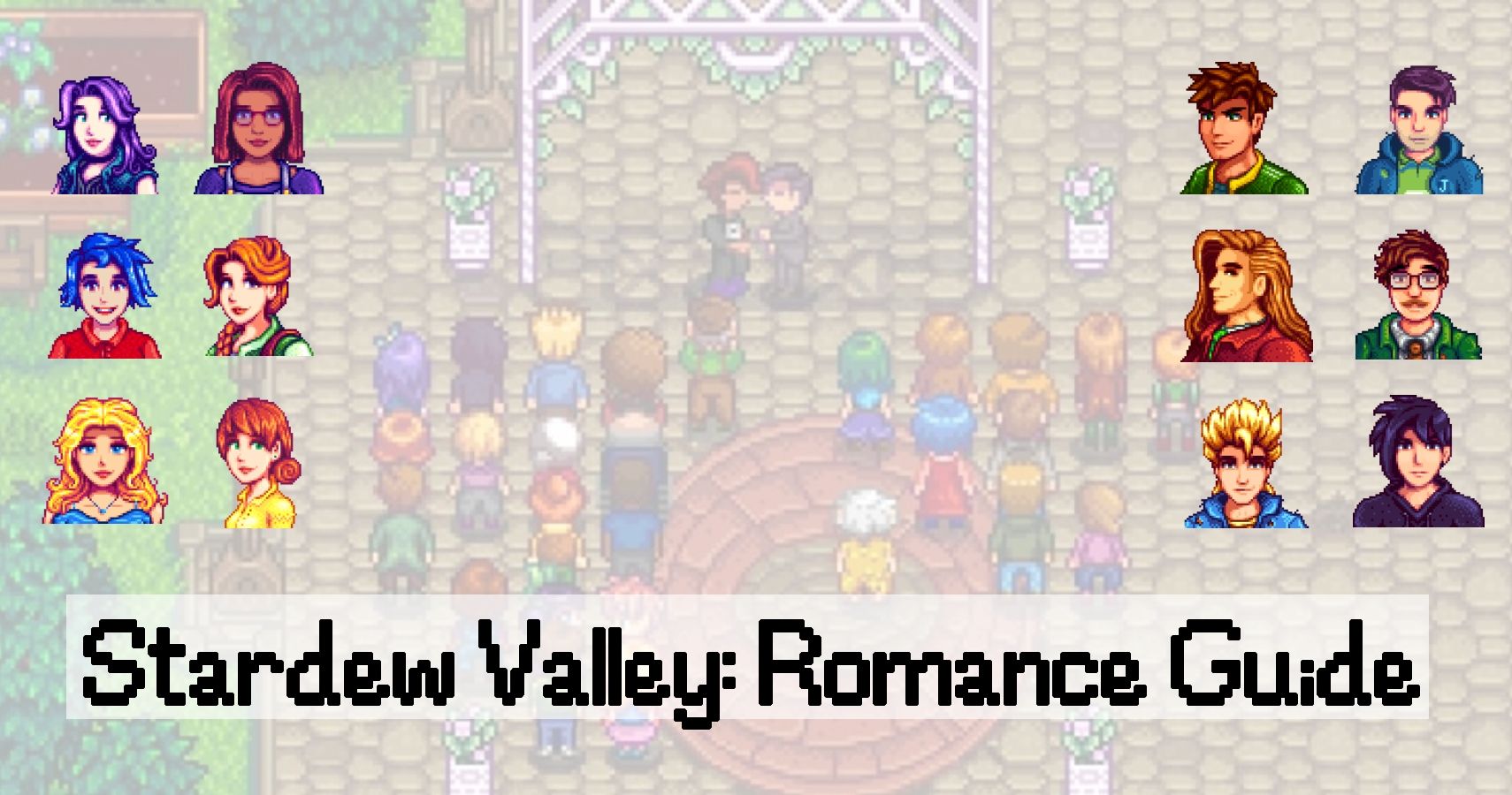 stardew valley romance guide lead image showing a wedding to shane and all of the marriage candidates on either side