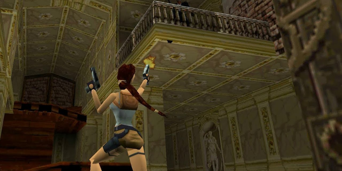 Lara Croft pointing dual guns at upper level