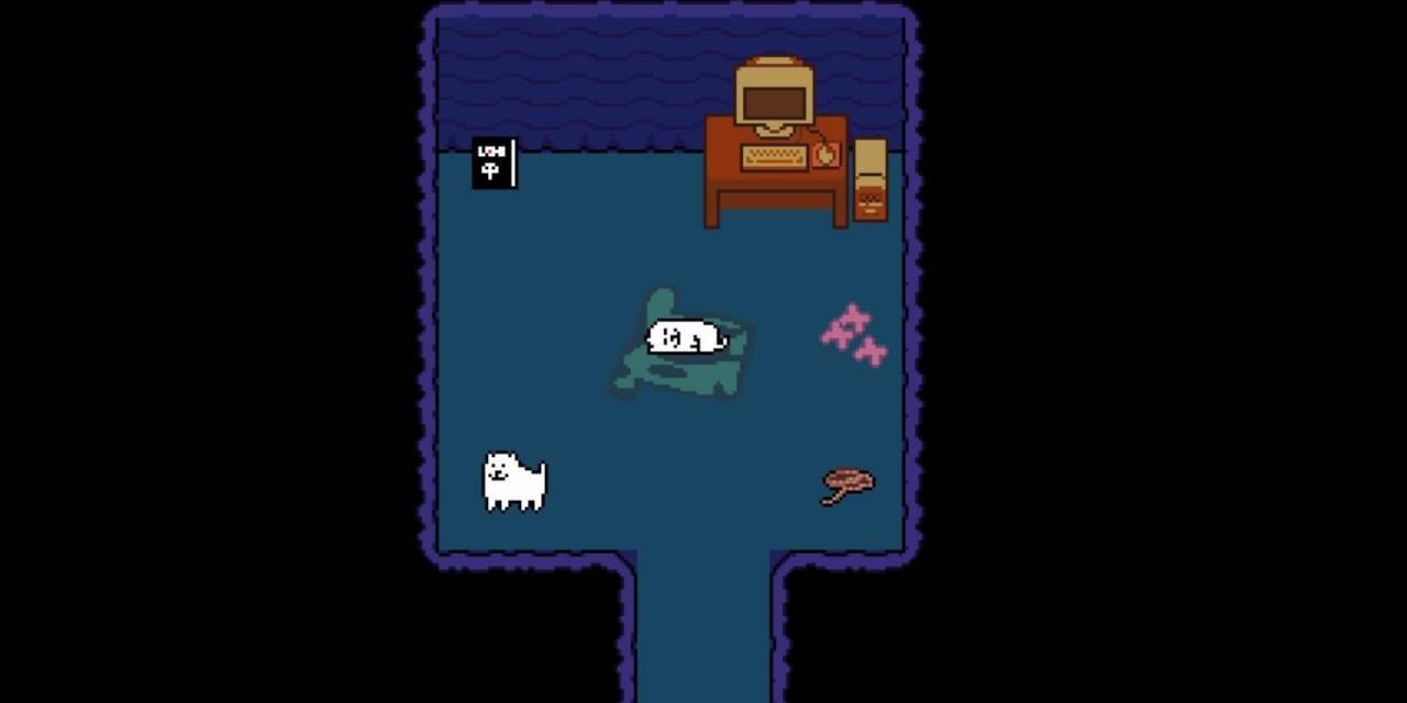 Screenshot of the Dog's secret room in Undertale. He has a copy of the game, a computer, and a piece of rope.