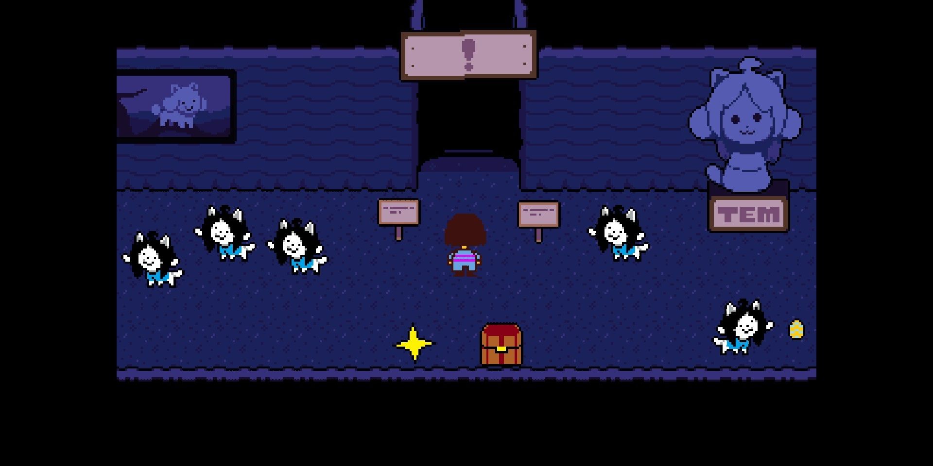 Screenshot of the player outside the shop in Temmie Village