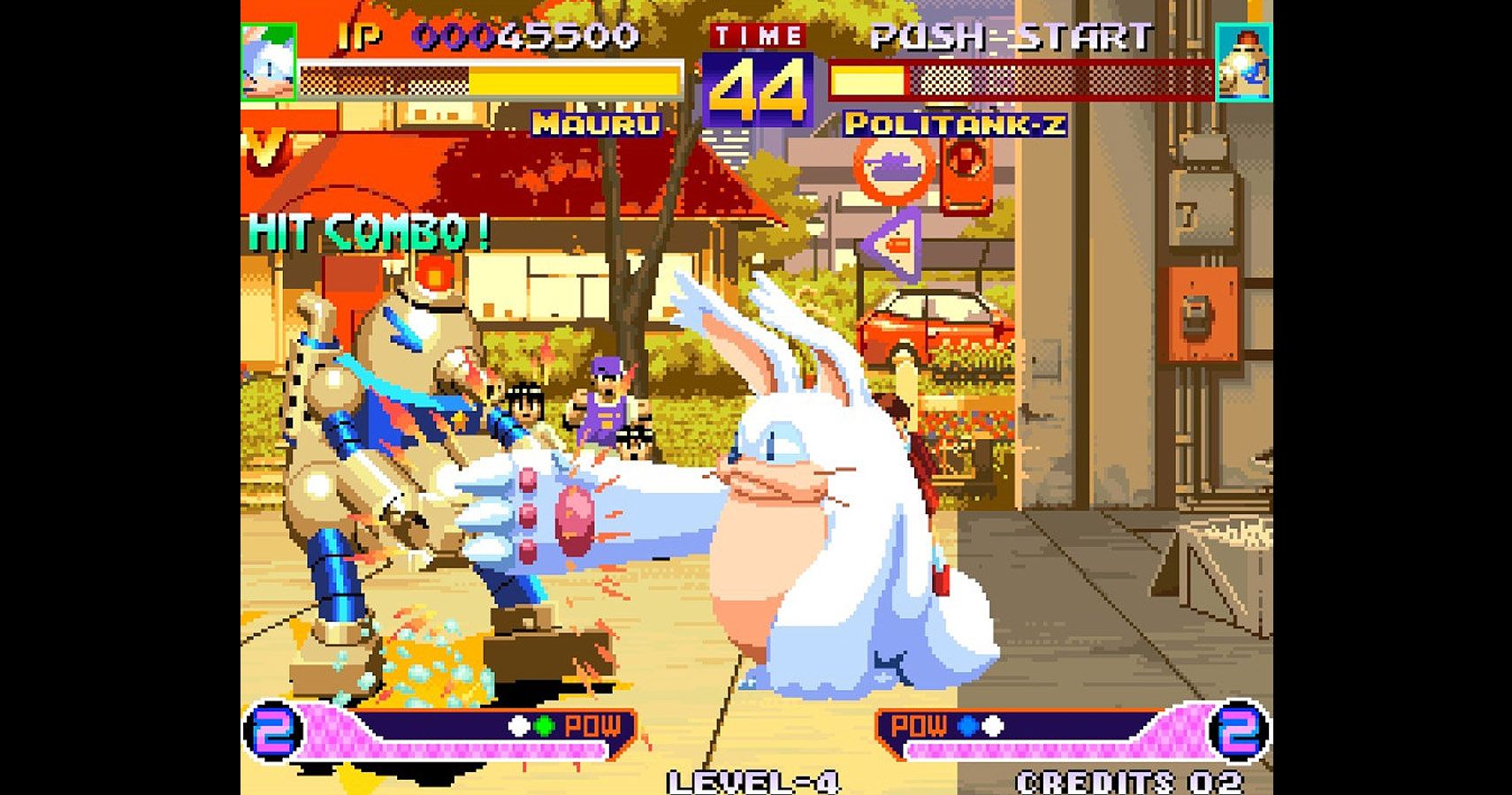 Politank-Z punches Mauru in a shopping center in Waku Waku 7.