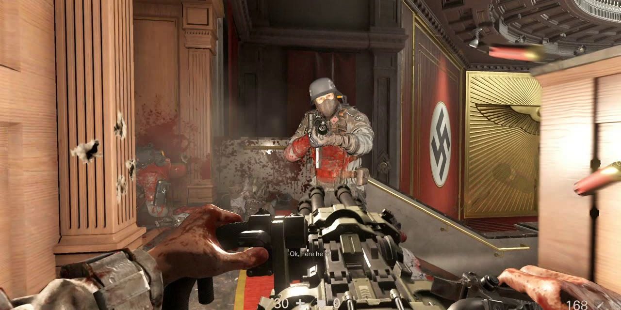 BJ shooting a heavy assault rifle at a Nazi enemy in a courthouse level in Wolfenstein 2.