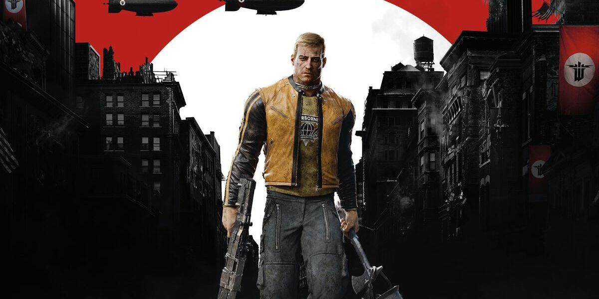 Wolfenstein 2 protagonist with gun and axe