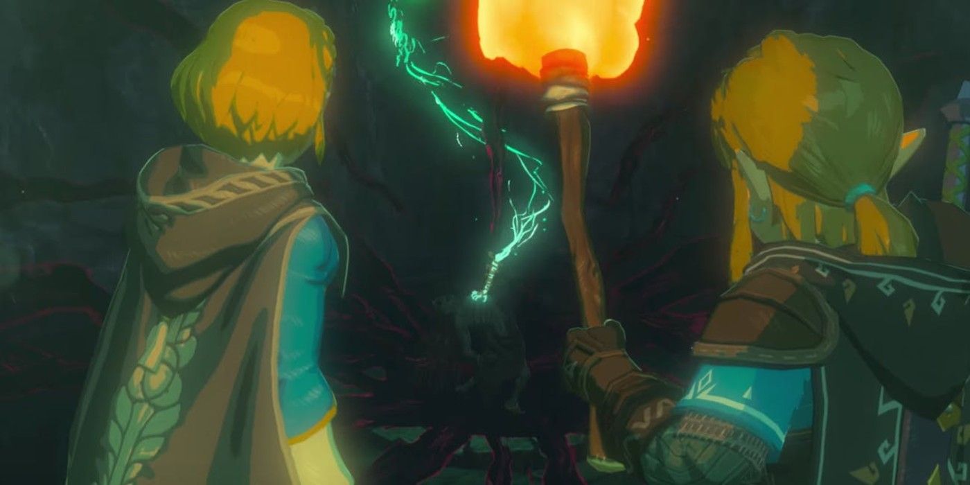 Zelda Link Breath of the Wild 2 cinematic looking at glowing rune in cavern