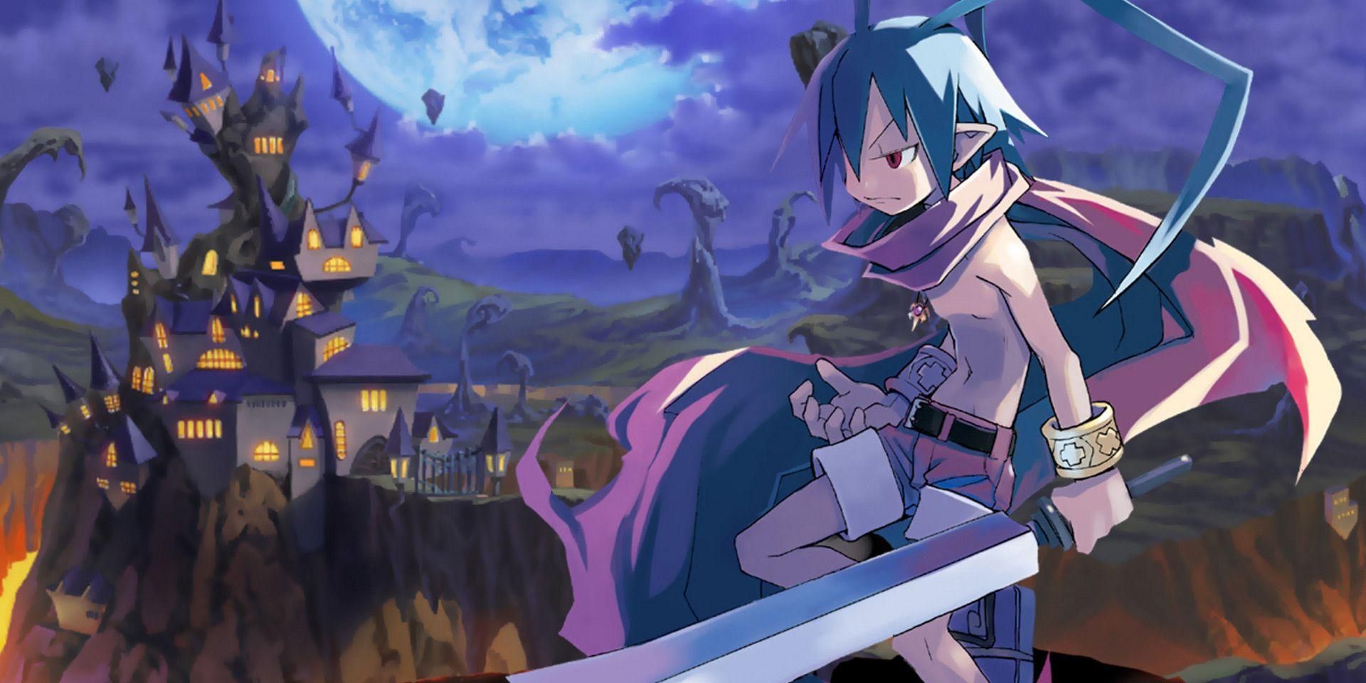 Disgaea: Hour Of Darkness Laharl looking to a house in the distance as he holds a sword