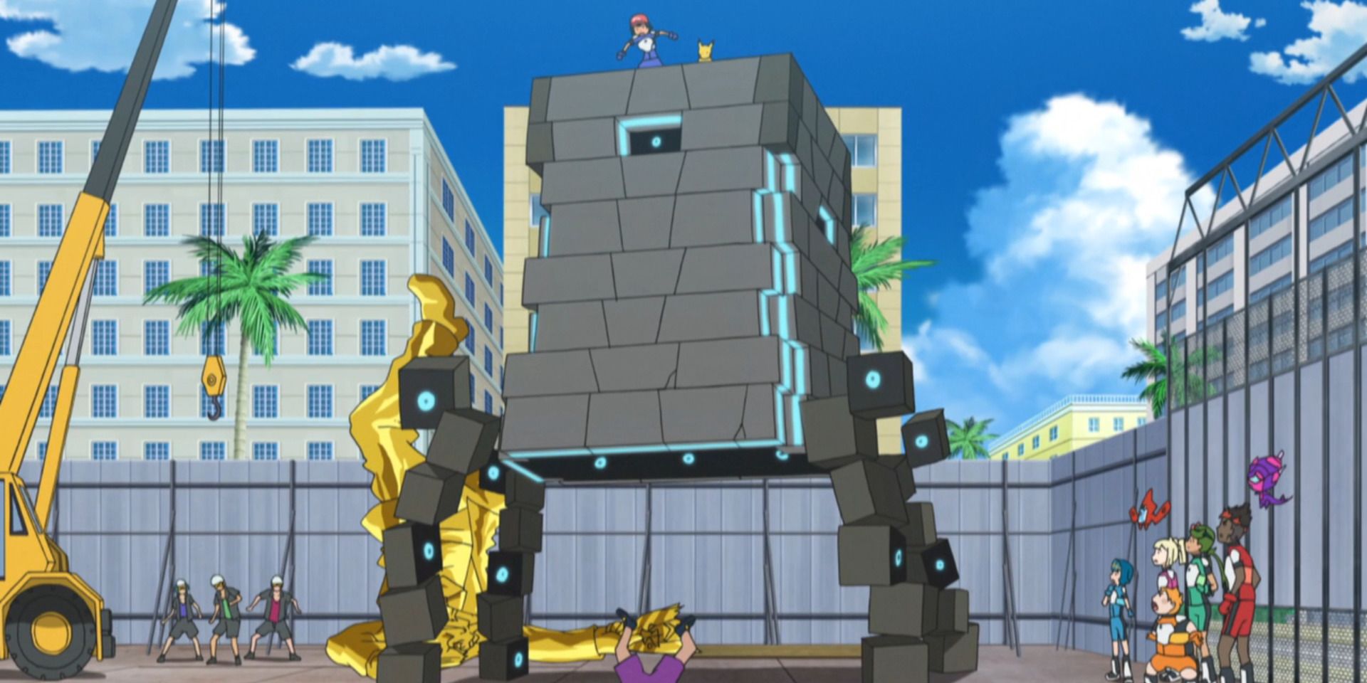 A Stakataka towers over Kiawe, Lana and others in the Pokemon Sun and Moon Anime.