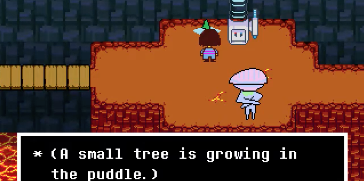 Screenshot of the player in Hotlands, where a tree has started to grow in the puddle of water next to the water cooler.