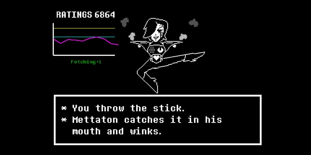 A screenshot of the battle with Mettaton where the player throws the stick and Mettaton catches it and winks.