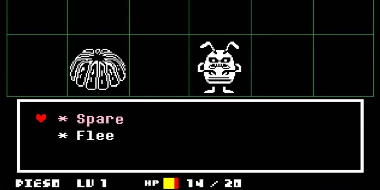 A screenshot of an undertale battle where the colored text on the monsters names to spare them is pink.