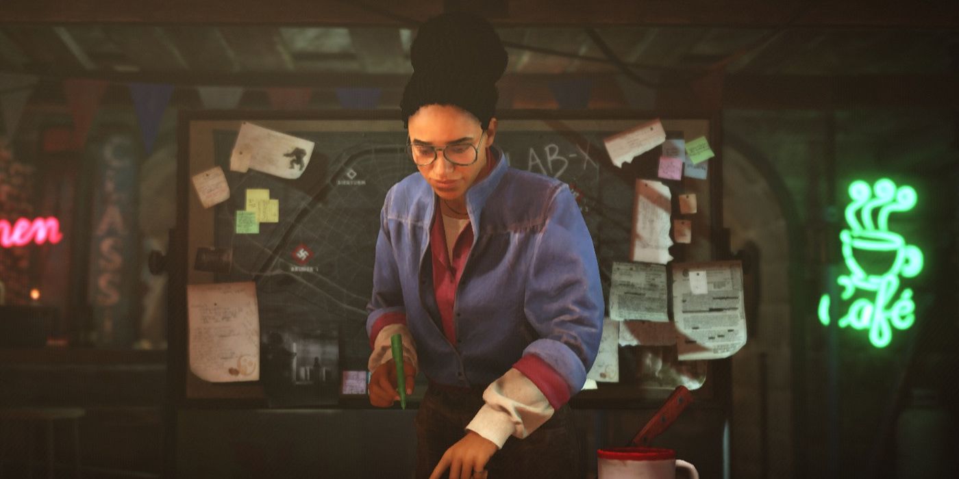 A female character writing something with a board full of notes as the background.