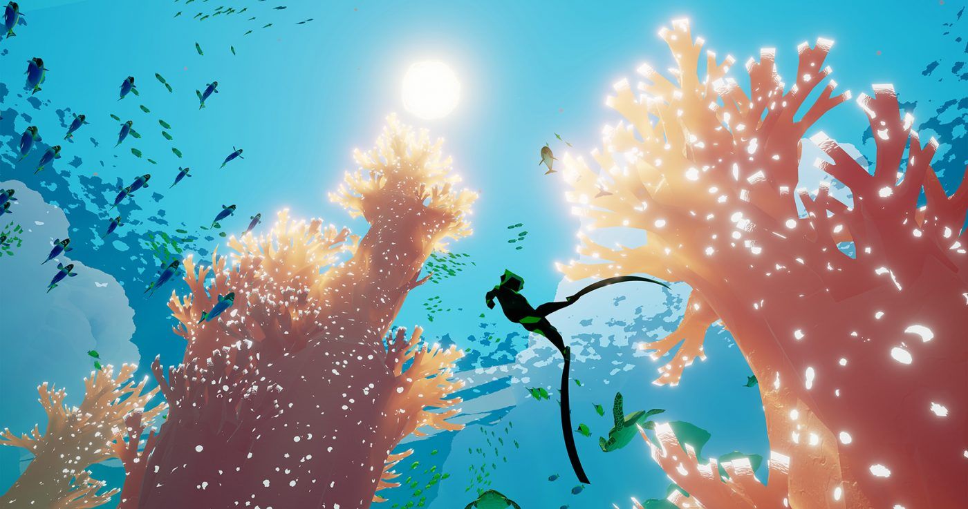 Abzu gameplay of player swimming through corals