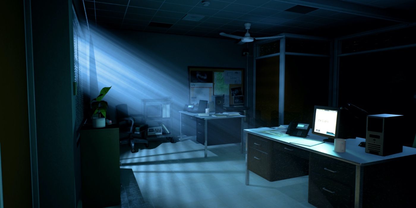 Office desks in room at night in Asemblance