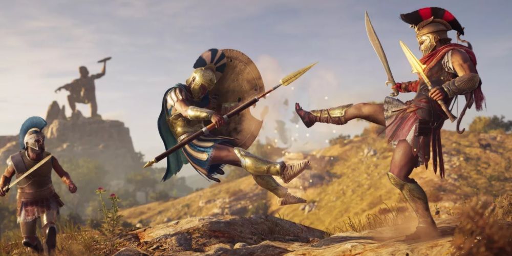 Assassins Creed Odyssey: Alexios setzt einen Sparta-Tritt gegen einen griechischen Soldaten ein