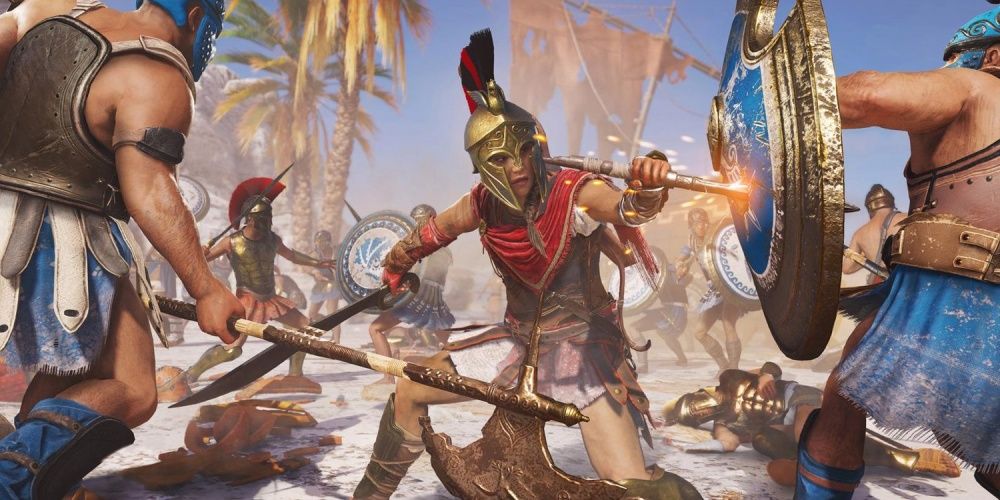 Assassins Creed Odyssey Kassandra tritt gegen zwei griechische Soldaten an