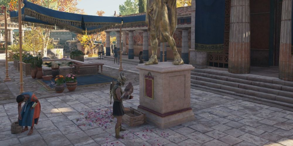 Assassins Creed Odyssey Kassandra mit Vogel von Statue
