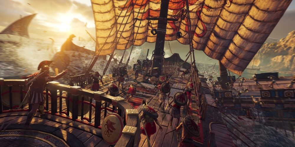 Assassins Creed Odyssey rammt die Seite eines griechischen Bootes