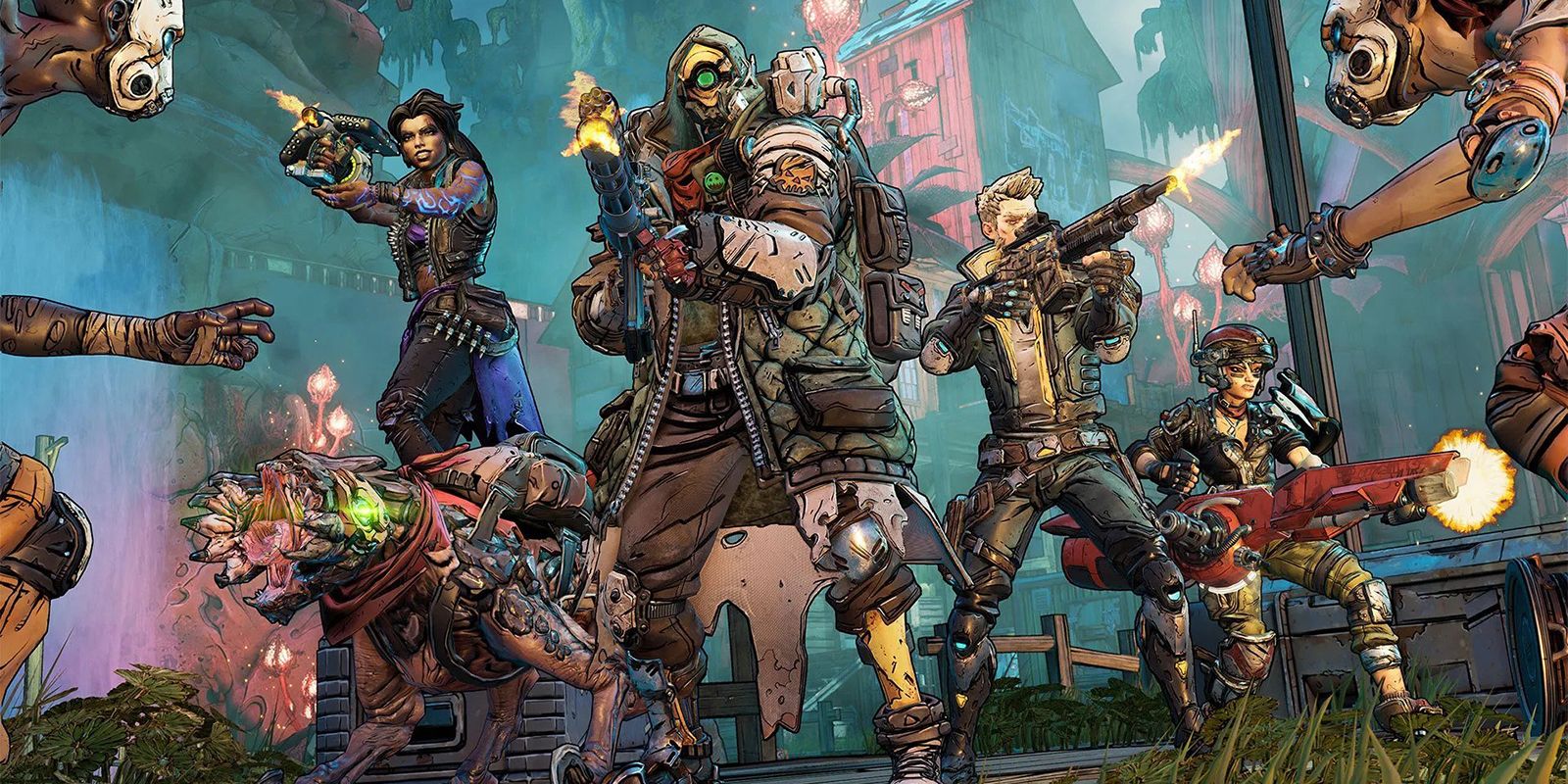 The cast of Borderlands 3 shooting guns at enemies
