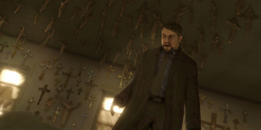 Heavy Rain main character in shock in a room full of crosses making a horrifying discovery