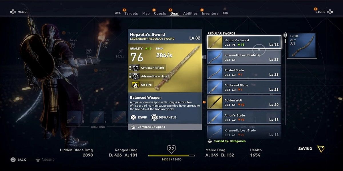 Hepzefas Sword inventory page and stats