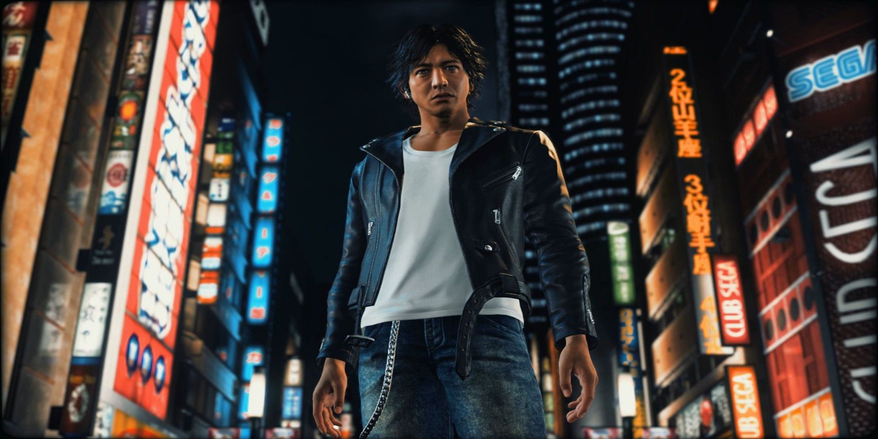 Yagami from Judgment standing in the streets of Kamurocho