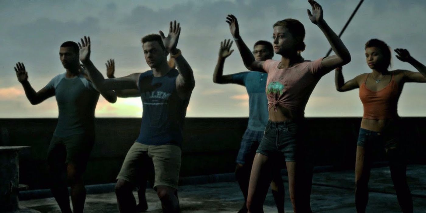 Characters with hands up in Man of Medan