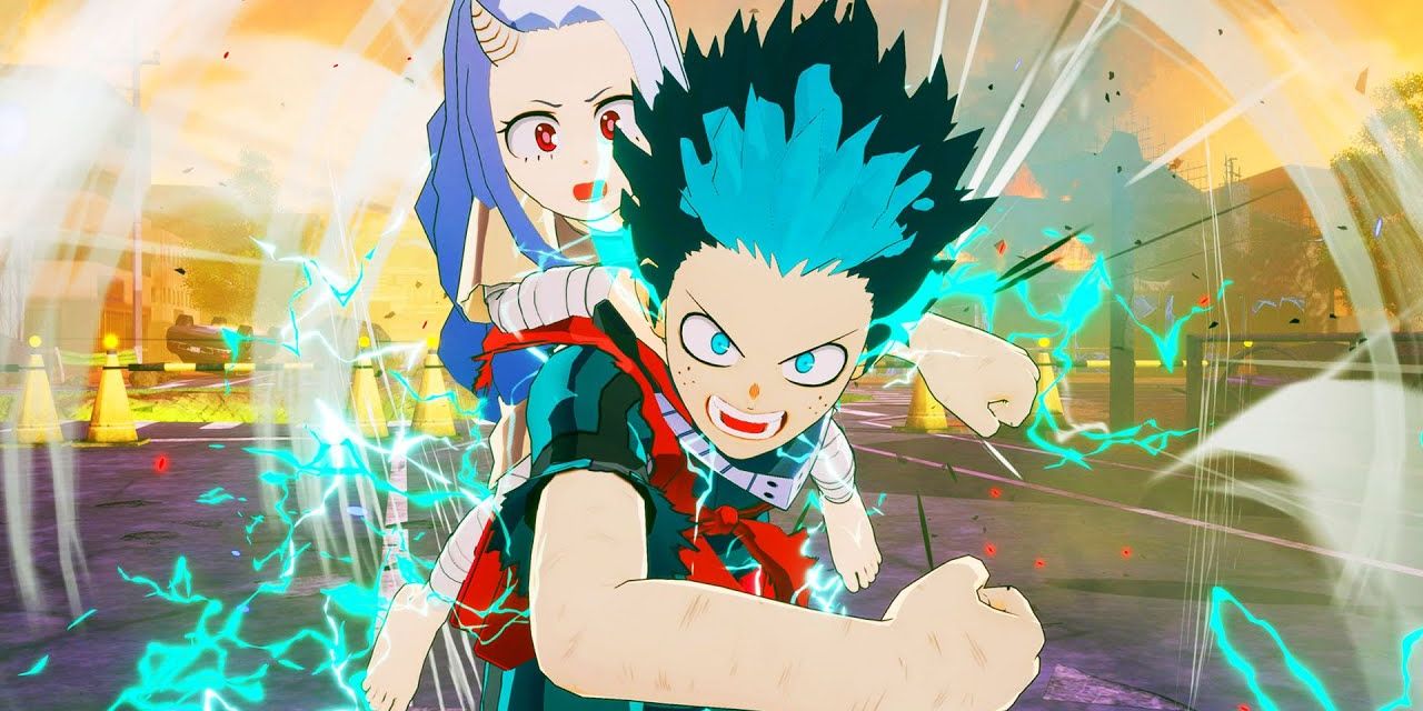 Deku grinning as power emanates from him while Eri holds onto him from behind in shock
